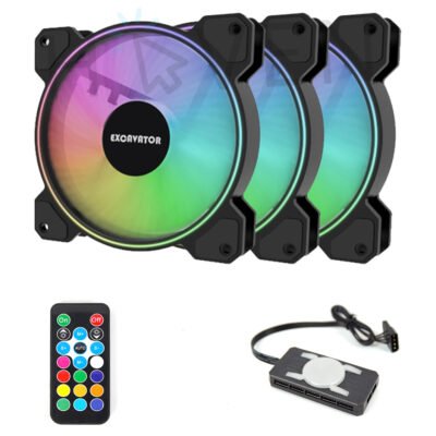 Excavator F120 Dual Ring Glow ARGB Fan Kit | 3x 120mm ARGB Fans With Hub and Remote Control | Mobo-Sync Compatible Hub