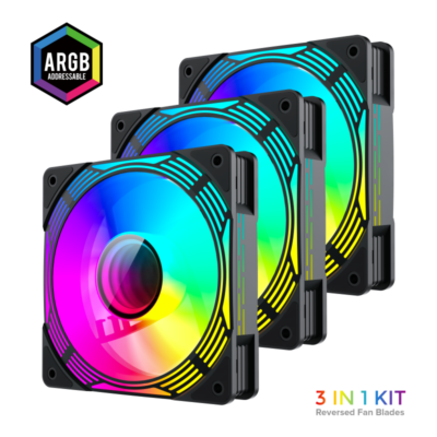 GameMax KF300R BK ARGB Reverse 3-in-1 120mm Case Fan Kit